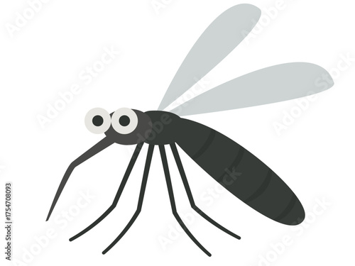Vector illustration of cute cartoon mosquito character with big eyes and long proboscis. Clipart image isolated on background.