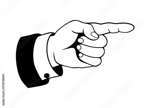 Black and white illustration of vintage style hand pointing gesture. Clipart image.