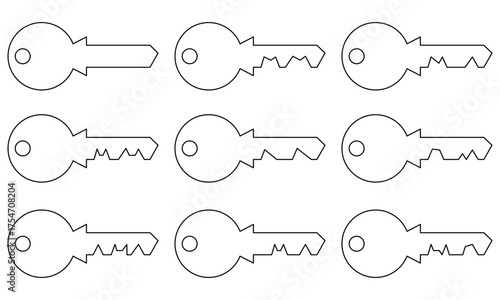 Set of line art keys in various shapes and cuts on white background for security concepts. Clipart image isolated on background.