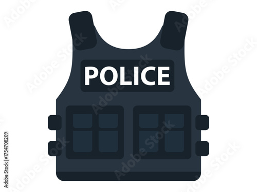 Flat design police tactical vest icon with label and pockets. Clipart image isolated on background.