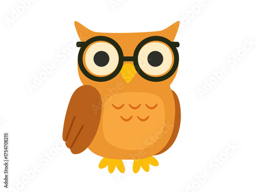 Cute cartoon owl wearing glasses on white background. Clipart image isolated on background.