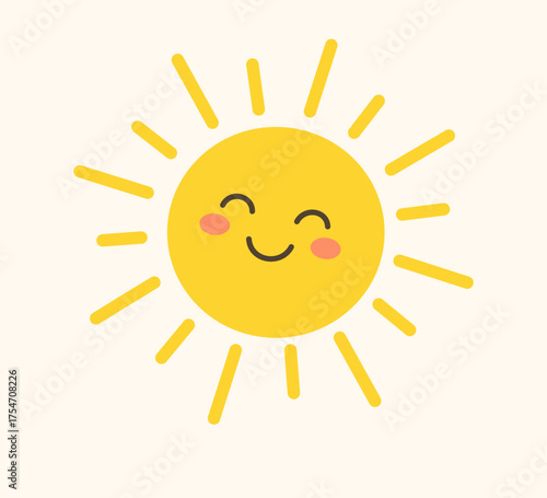 Cute smiling sun icon with cheerful expression and radiant beams. Clipart image isolated on background.