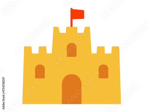 Flat design vector illustration of sand castle with red flag. Clipart image isolated on background.