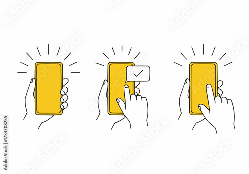 Vector illustration of hand and yellow smartphone in three sequential actions showing digital interaction, flat minimal design on white background