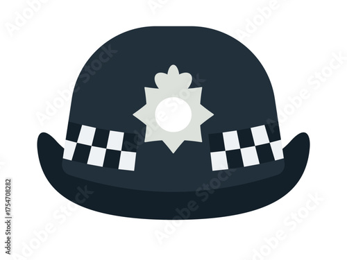 UK police female hat icon with badge and checkered band design. Clipart image isolated on background.