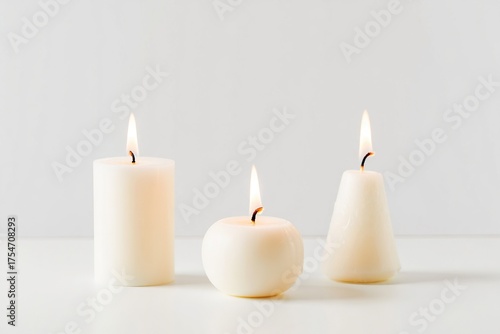 Wallpaper Mural Three lit cream-colored candles of different shapes on a clean white surface, radiating a calm and warm glow Torontodigital.ca