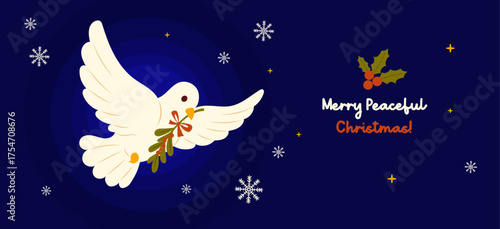 Peaceful Christmas Dove with Holly. New Year Holiday Poster with flying White Bird and berries branch, mistletoe plant on dark blue snowy Background. Vector horizontal illustration Not AI