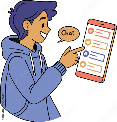 Young Man Chatting on Smartphone – Modern Cartoon Character Illustration with Mobile Messaging App