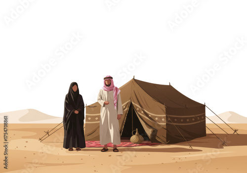 A traditional Bedouin couple standing in front of their tent in the desert with a water jug