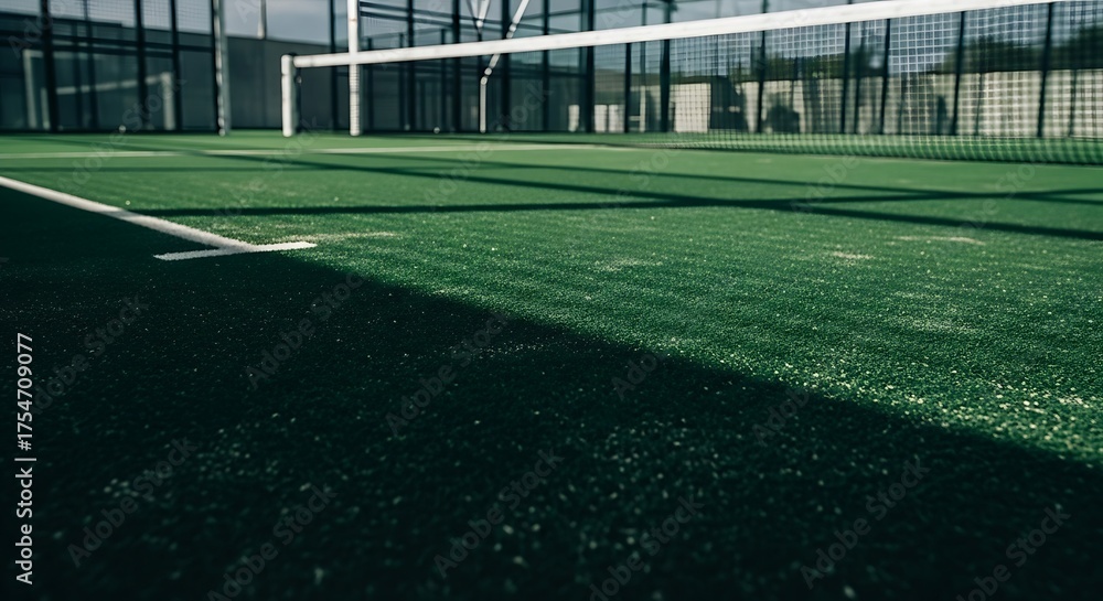 Fototapeta premium Low angle perspective of an empty green padel court on a sunny day.