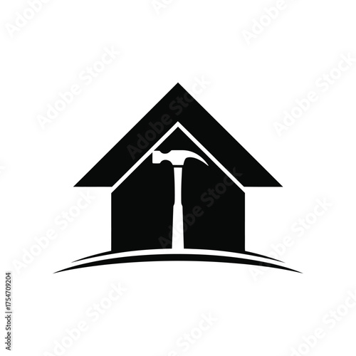 Hammer inside a stylized house silhouette for construction and renovation