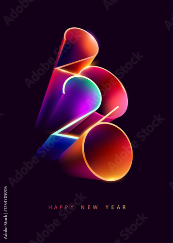 Happy New year 2026. Colored 3D numbering design. Festive greeting card template.