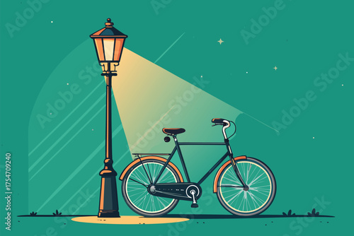 A classic bicycle parked under a vintage lamppost at night.