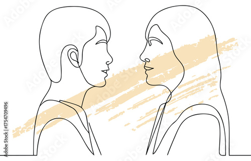 Minimalist single line drawing two faces in profile looking at each other continuous