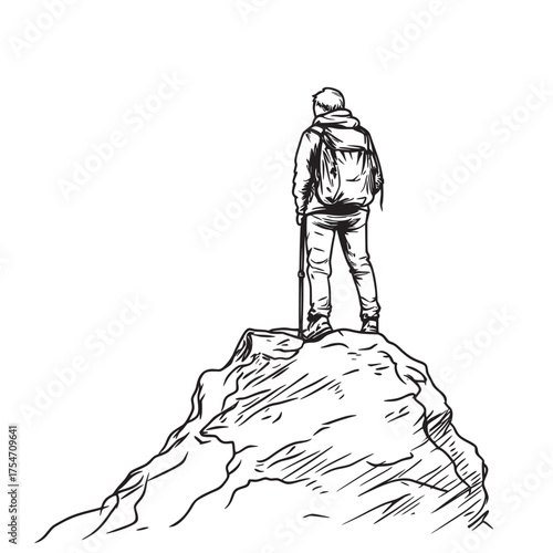 black and white vector line art drawing of hiker standing at the top of a rocky summit