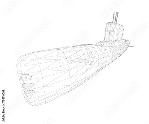 Low poly submarine wireframe model on white background features detailed hull, fins, and intricate structural framework.