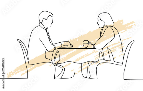 Minimalist single line drawing two people sitting at a table with drinks vector