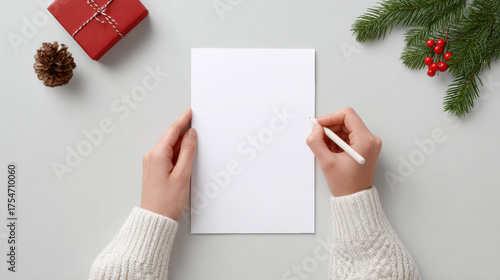 Thoughtful hand writing Christmas holiday letter or list on blank paper with pen. red gift present sits nearby creating festive mood for seasonal celebration
