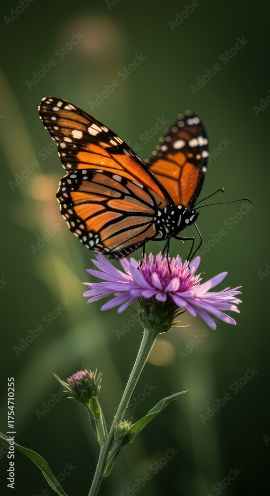 Naklejka premium Monarch butterfly rests on a purple flower in soft sunlight.