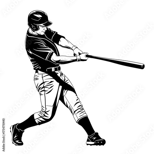Baseball player, hitter swinging with bat, abstract isolated vector silhouette, ink drawing