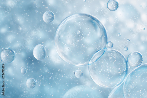 Wallpaper Mural 透明感のある青い泡が浮かぶ美容成分の背景素材。ヒアルロン酸やNMFを想起させる保湿・スキンケアイメージの高精細マクロ写真。／
Transparent blue bubbles background with cosmetic ingredient image, high-resolution macro photo reminiscent of hyaluronic acid and NMF fo Torontodigital.ca