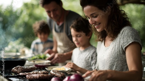 A smiling family prepares food together at an outdoor barbecue on a sunny day