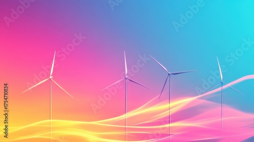 Vibrant Wind Turbines in Abstract Clean Energy Landscape.