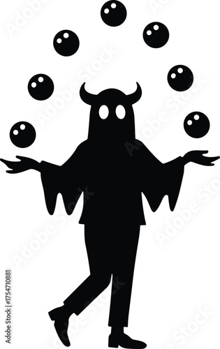 Dark fantasy silhouette, spooky horned figure, creepy juggling spirit, haunted night artwork, scary monster design, horror themed, supernatural character, surreal illustration
