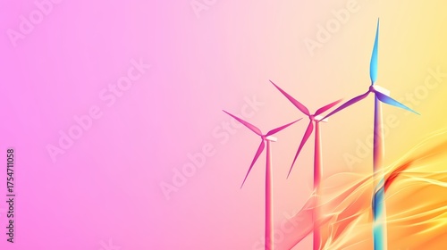 Colorful Wind Turbines in Abstract Renewable Energy Landscape.
