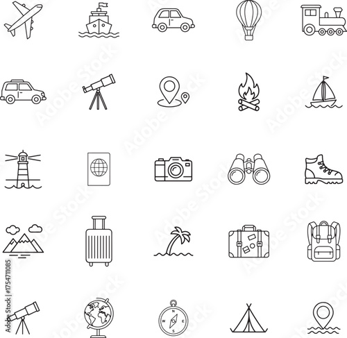 Travel Vacation and Global Exploration Line Icon Set