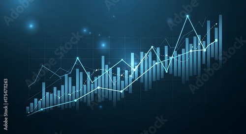 Abstract digital trading chart with growing financial data and upward trends on a dark blue background