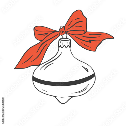 Hand drawn chalk Christmas toy with bow. Retro vintage new year party. Decorative design element for holiday. Vector doodle illustration
