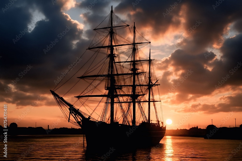 Fototapeta premium sailing ship at sunset