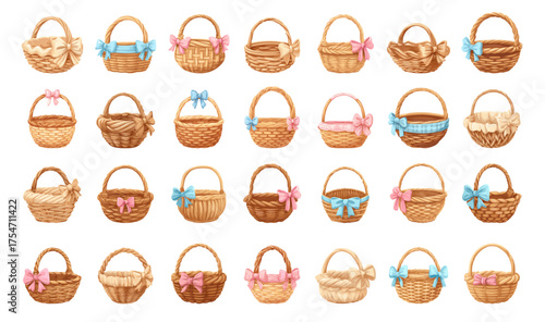 Wicker baskets with bows vector set. Cute pastel woven baskets decorated with ribbons for Easter, baby shower or gift design. Festive and holiday design