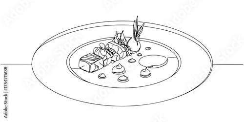 Continuous one line of elegant gourmet dishes arranged with artistic plating, style drawing vector illustration.