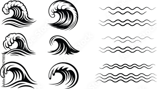 Ocean wave vector illustration set of various stylized water waves design art