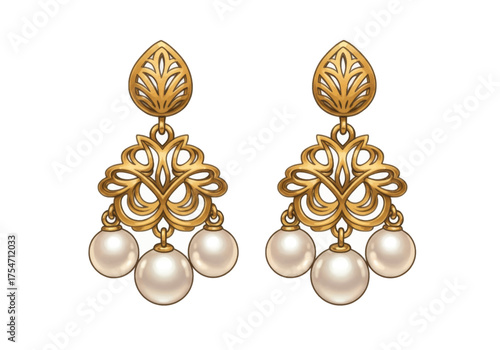 Elegant Gold Chandelier Earrings Adorned with Lustrous Pearls