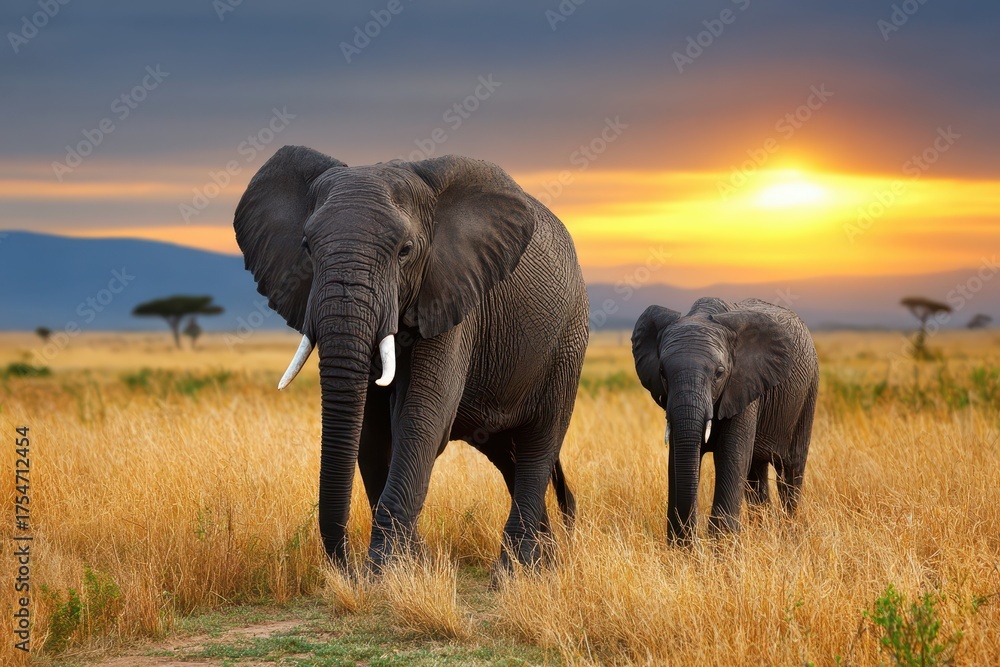 Fototapeta premium African elephants roaming golden savanna grass under a dramatic sunset sky.