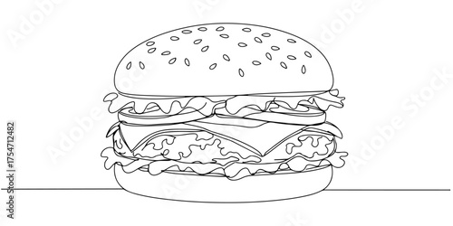 Continuous one line of burger with lettuce, tomato, and cheese, style drawing vector illustration.
