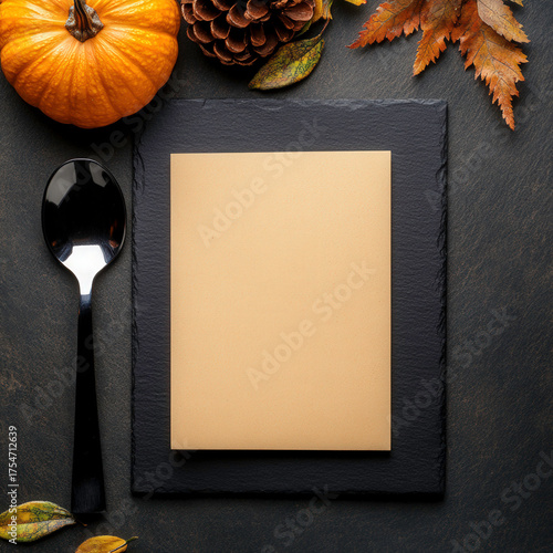 A black and white table with a pumpkin, a spoon, and a piece of paper with a blank space