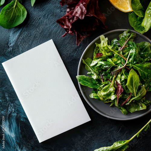 A white napkin sits on a plate of salad. The salad is full of greens and has a few pieces of lemon