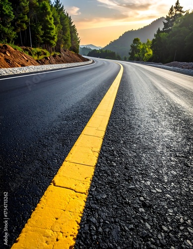 Asphalt highway curving through lush green forest and mountains, with bright sunlight