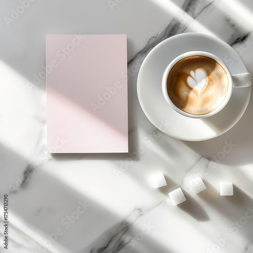 A white coffee cup with a heart on it sits on a table next to a blank piece of paper. The cup is filled with coffee and has sugar cubes in it. The scene suggests a moment of relaxation