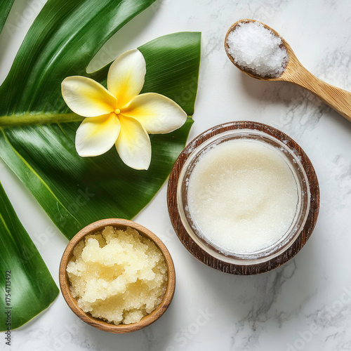 A jar of white lotion sits on a table next to a bowl of lotion and a spoon. A leafy green plant with a yellow flower sits in front of the jar of lotion