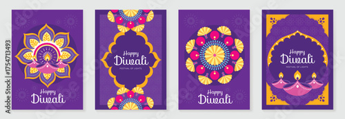 Happy Diwali light festival poster vector set. Diwali festival wallpaper design with colorful lantern, floating lights, firework. Culture Illustration design for celebration, greeting, card, ads.