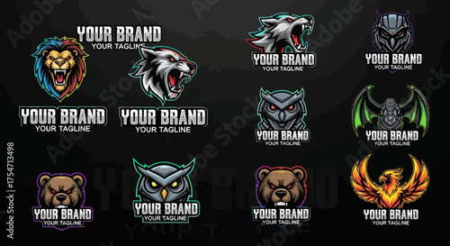 Collection of fierce animal head esports gaming mascot logos with brand text.