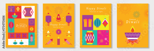 Happy Diwali light festival poster vector set. Diwali festival wallpaper design with colorful lantern, floating lights, firework. Culture Illustration design for celebration, greeting, card, ads.