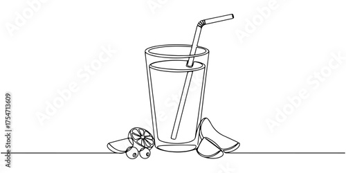 Continuous one line of tropical cocktail in tall glass with garnish, style drawing vector illustration.
