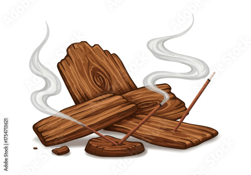 Aromatherapy with burning incense sticks on wooden logs, creating a serene and calming atmosphere for relaxation and meditation