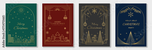 Colorful Merry Christmas and Happy New Year greeting card vector set with golden line art trees, ornaments, stars, festive cityscape, and elegant holiday decorations